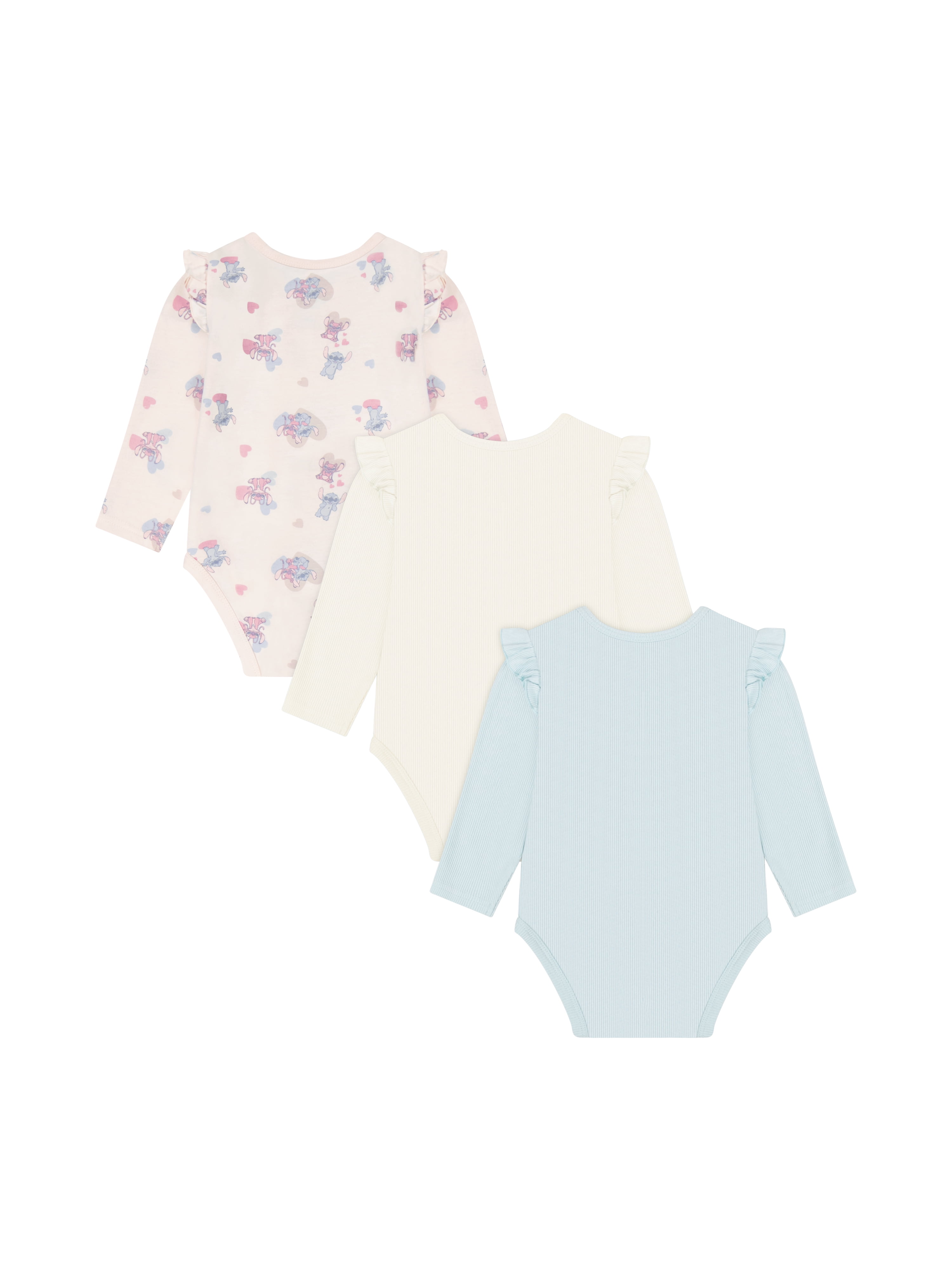 Stitch & Angel Baby Girl 3 Pack Long Sleeve Bodysuits, Size 0-24 Months