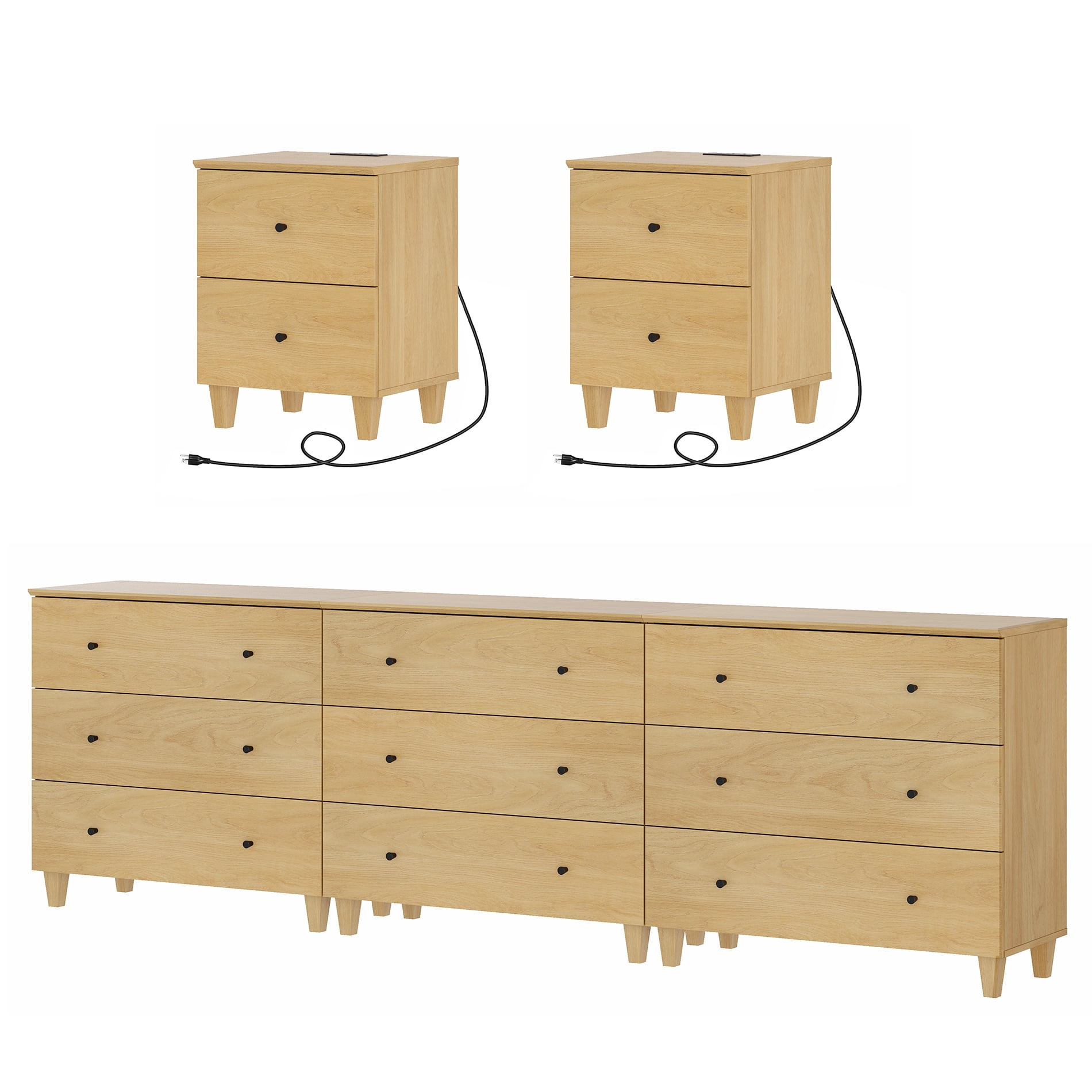 WAMPAT Dresser and Nightstands Set of 5, Wood Dressers with 9 Drawers, 2 Pieces Nightstands with Charging Stations for Living Room, Oak Wood
