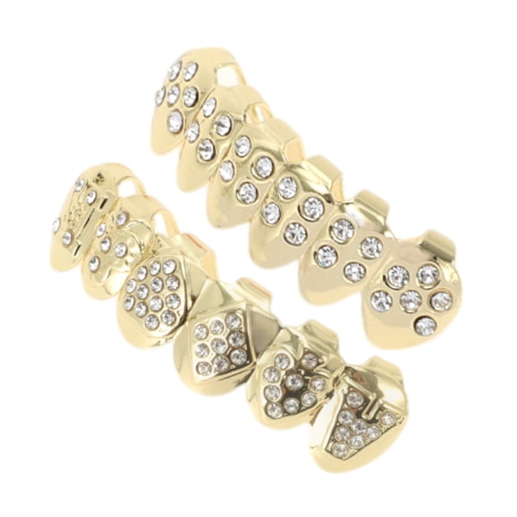 Unique Bargains Poker Chart Fake Teeth Grills 2 Set Gold Tone