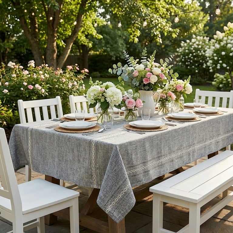 Sm:)e Openwork Linen Tablecloth, Farmhouse, 60x84, Gray photo 8