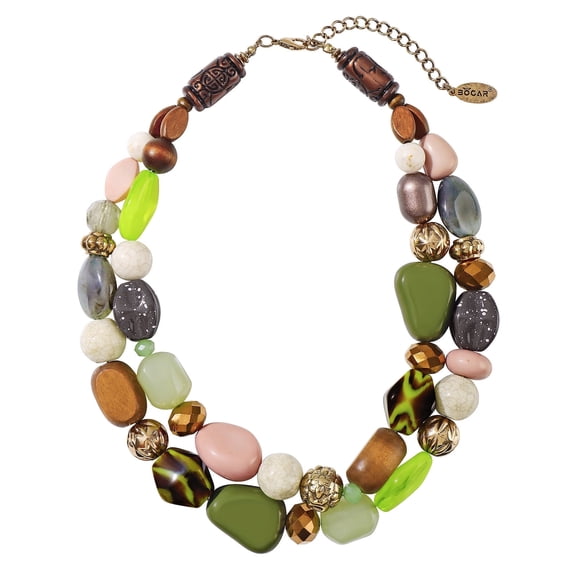 Bocar Boho Chunky Beaded 2 Layer Statement Necklace, 18" Adjustable Bead Necklace Collar Necklace for Women Daily Party Jewelry (NK-10384-Olive)