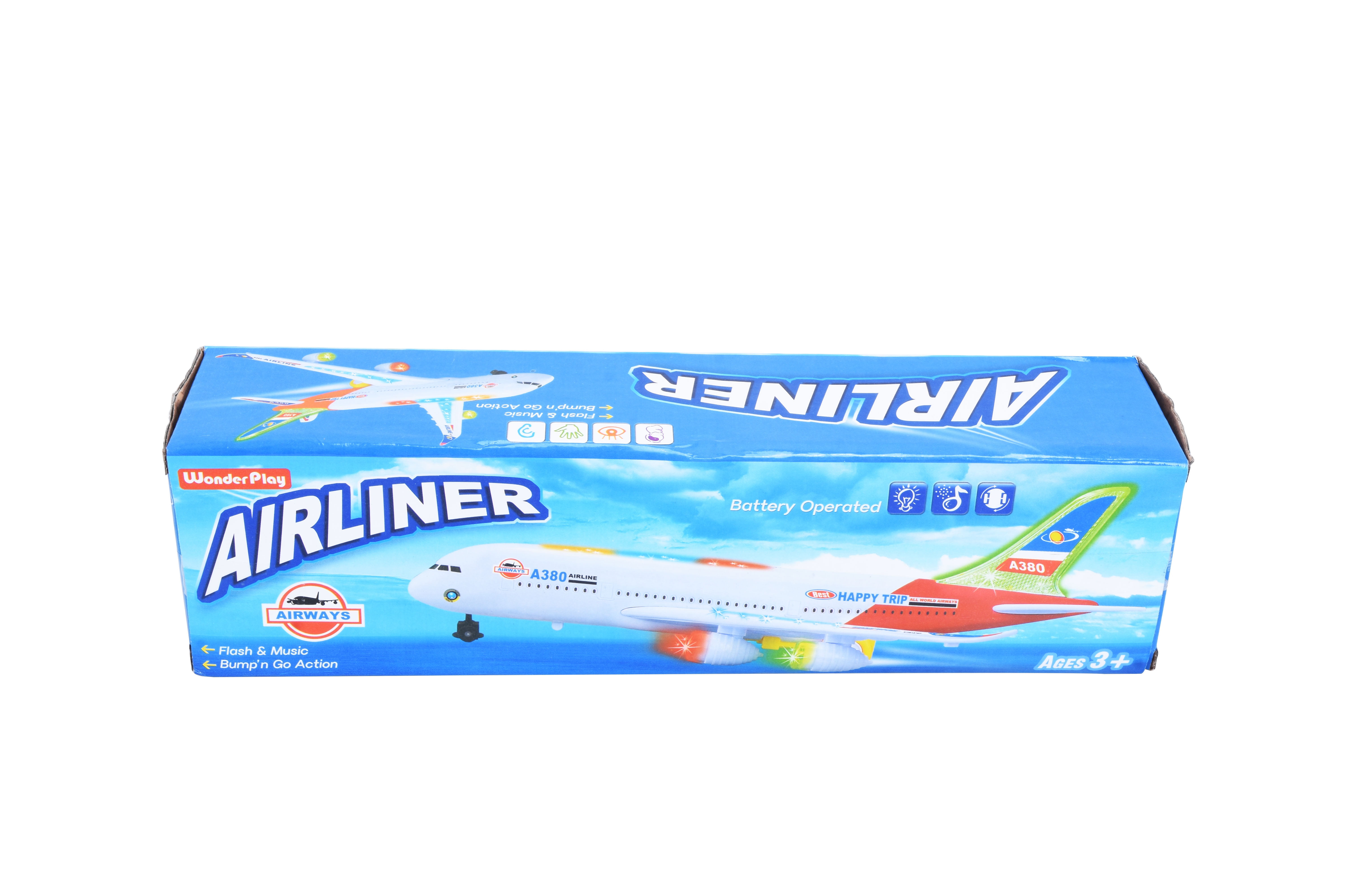 PlayWorld All Aboard! Bump and Go Electric Air Bus A380 Kids Action Airplane - Model Plane with LED Lights and Sounds - Changes Direction On Contact - Blue