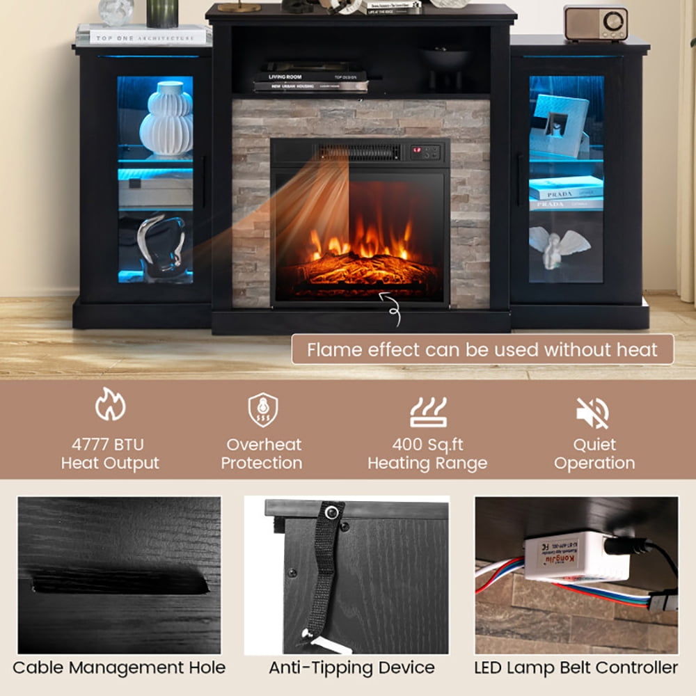 Finihen TV Stand, TV Cabinet, Fireplace TV Stand with 16-Color Led Lights for TVs up to 65 Inch, for Living Room, Bedroom, Black