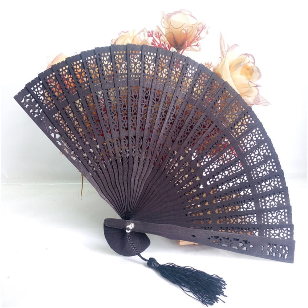 Carved Flower Fragrant Hand Wedding Chinese Style Bamboo Wooden Folding Fan 