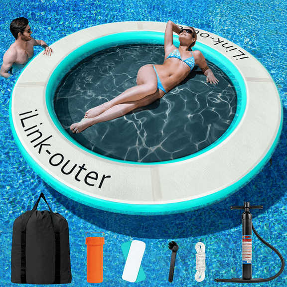 8 Ft Round Inflatable Water Hammock Floating Ring With Carrying Bag – Heavy-Duty Raft Platform For Pool Or Lake, Perfect For Group Summer Fun