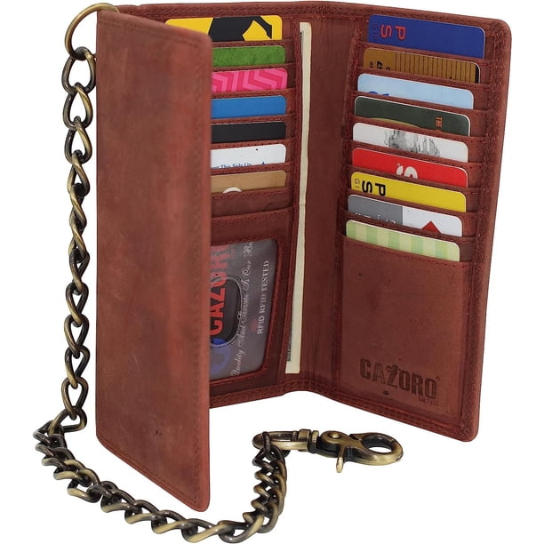 RFID Blocking Mens Tri-fold Long Style Crazy Horse Leather Steel