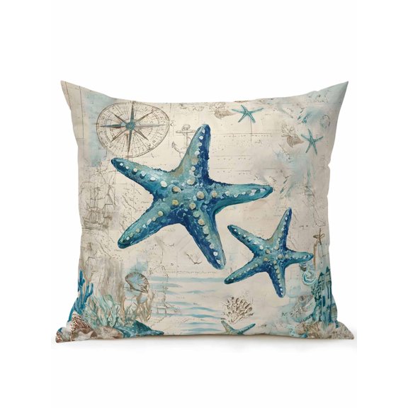 Outdoor Pillow Waterproof 1 Pack, Teal Starfish Coastal Patio Throw Pillows for Couch Bed Sofa with Insert, Vintage Summer Beach Nautical Decorative Travel/Reading/Camping Pillow Set 18x18 Inch