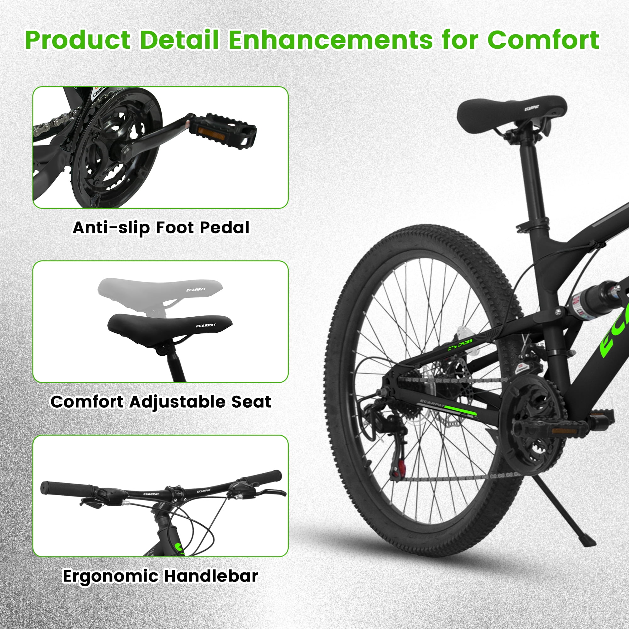 26 Inch Mountain Bike Full Suspension, 21 Speed Mountain Bicycle with Double Disc Brakes, Carbon Steel Frame Commuter City Bike for Adult Men Women, Black-Green
