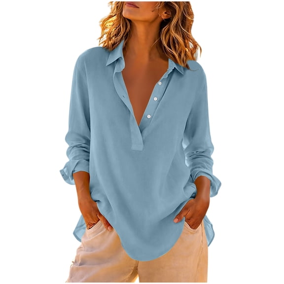 RQYYD Womens Long Sleeve Tops Casual Collared Blouses Henley Linen Blend Tee Shirts Clothes