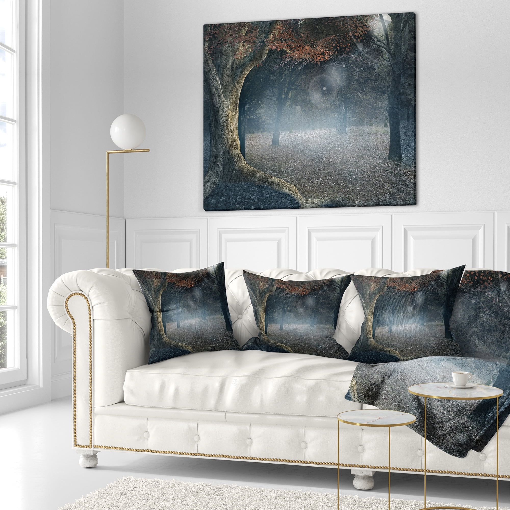 Designart Big Trees in Dark Foggy Forest - Landscape Photography Throw Pillow - 16x16