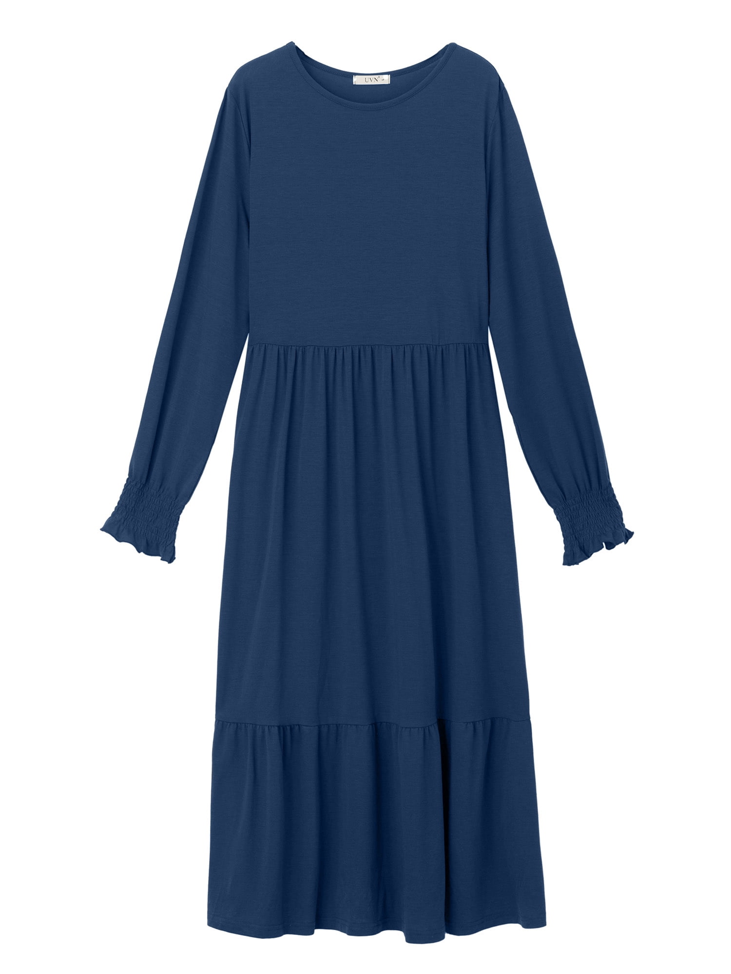 UVN Fall Long Dress for Women Crewneck Casual Long Sleeve Pleated Dresses with Pockets