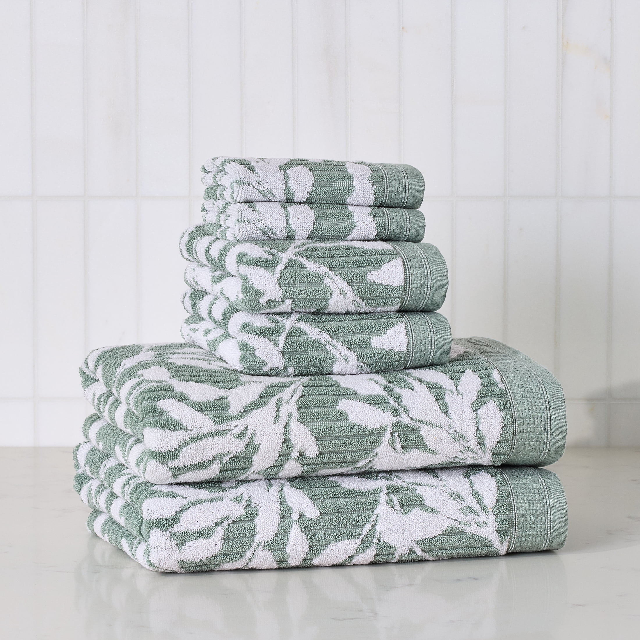 Better Homes & Gardens Signature Soft Floral 6 Piece Towel Set,Green River/Arctic White