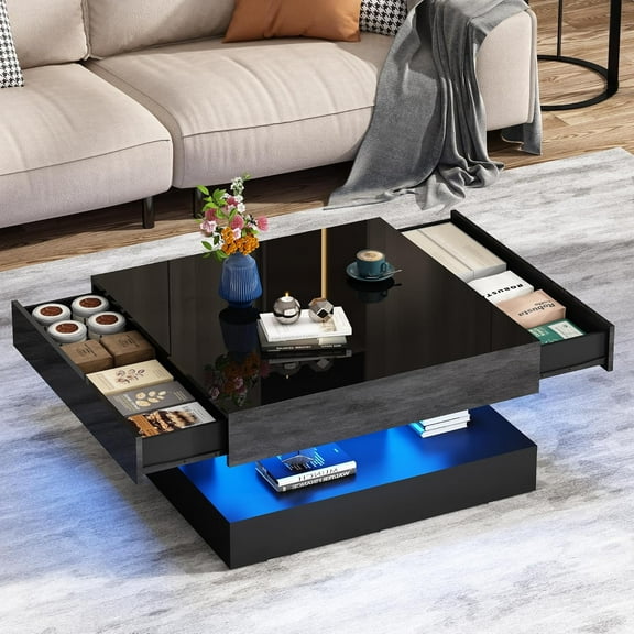 ChVans 34" LED Square Coffee Table with 2 Drawers, 2-Tier Black High Glossy Coffee Table with Led lights & Storage Drawer, Modern Living Room Tables