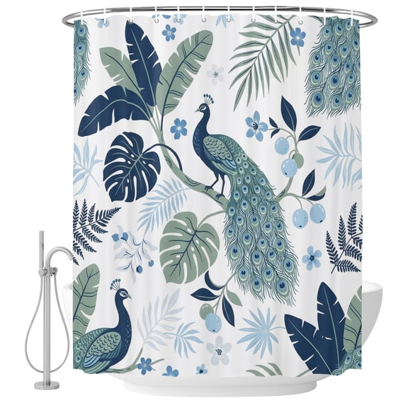 Extra Long Shower Curtain 72x96 Inch, Tropical Botanical Shower Curtain Waterproof Bathroom Decor, Summer Palm Leaves Peacock Blue Green Fabric Bath Curtain Set Accessories with Hooks