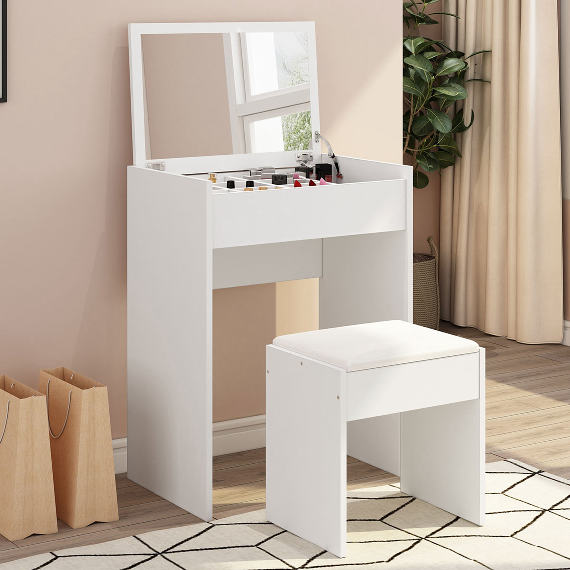 JAXSUNNY Vanity Table Set Make-up Dressing Table with Flip Top Mirror Cushioned Bench Bedroom Furniture of Ample Storage for Women/Girls,White 
