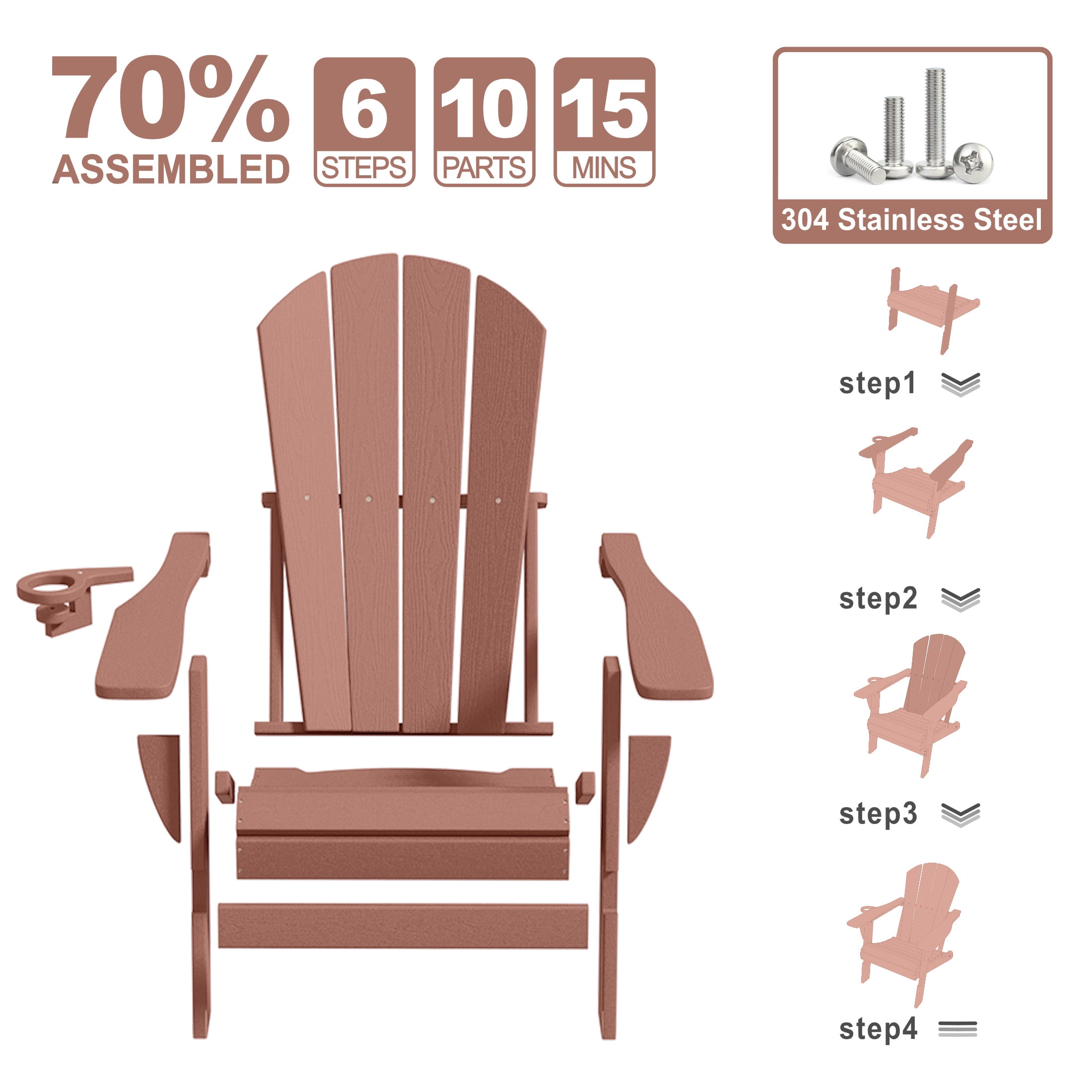 Adirondack Chair,HDPE All-Weather Patio Chairs Outdoor with Cup Holder, Lawn Chair with Weather Resistant for Outside Deck Lawn Garden, Weight Capacity Up to 380 Lbs –Coffee