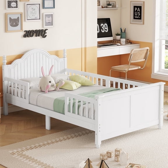 Mirightone Wood Twin Bed Frame with Rails, Twin Size Low Platform Bed with Headboard and Footboard, Low Twin Bed Frame for Girls & Boys, White