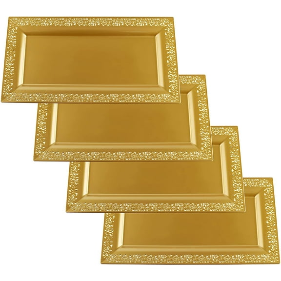 Yumchikel-Decorative Plastic Serving Tray & Platter Set (4pk)-Gold & lace Rim Serving Trays & Platters for Food - Weddings, Upscale Parties, Dessert Table, Cupcake Display - 14"x7.5" inches