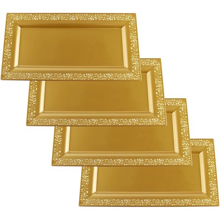 Yumchikel-Decorative Plastic Serving Tray & Platter Set (4pk)-Gold & lace Rim Serving Trays & Platters for Food - Weddings, Upscale Parties, Dessert Table, Cupcake Display - 14"x7.5" inches