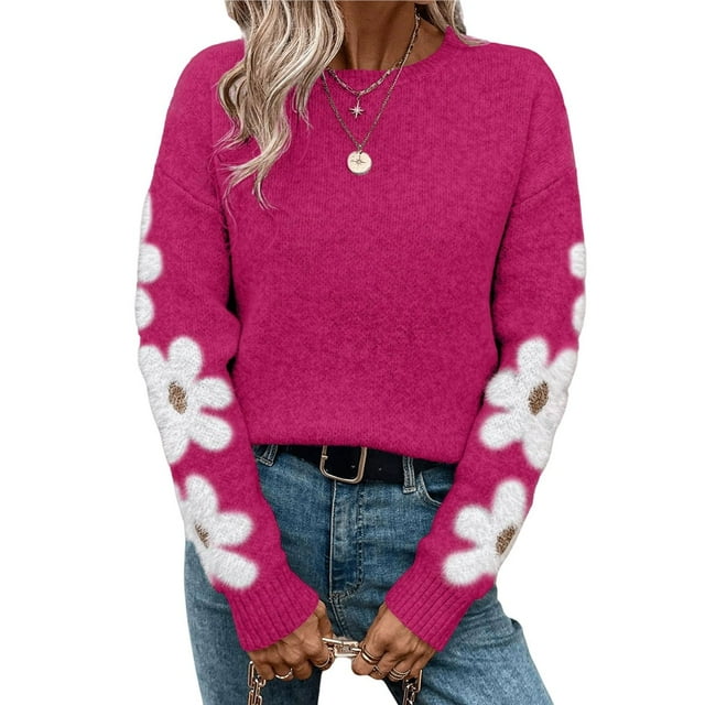 Suéteres de Cuello Redondo, Larga y Hombros Caídos con Estampado Floral para Mujer. Rosa Roja S