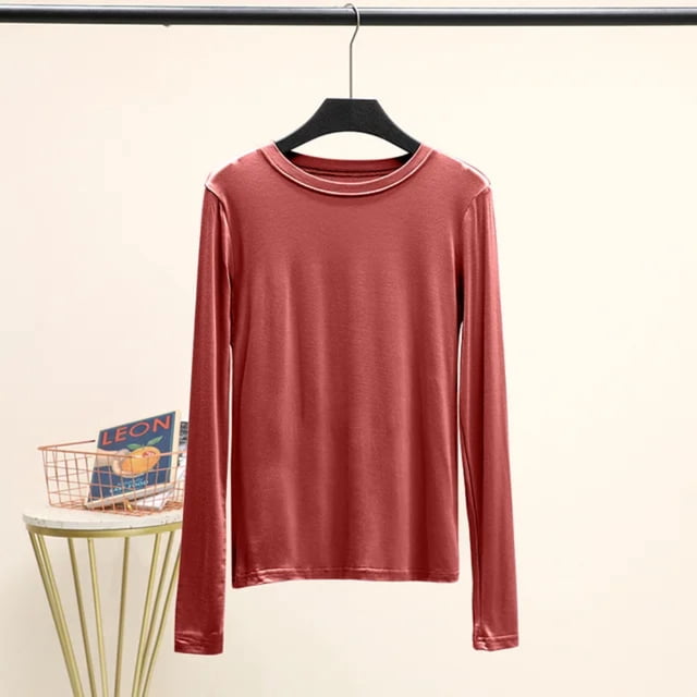 LNGOOR Modal T-Shirt Basique Uni Col Rond Manches Longues Femmes Automne Tee-Shirt de Base T-Shirt Assorti Grande Taille