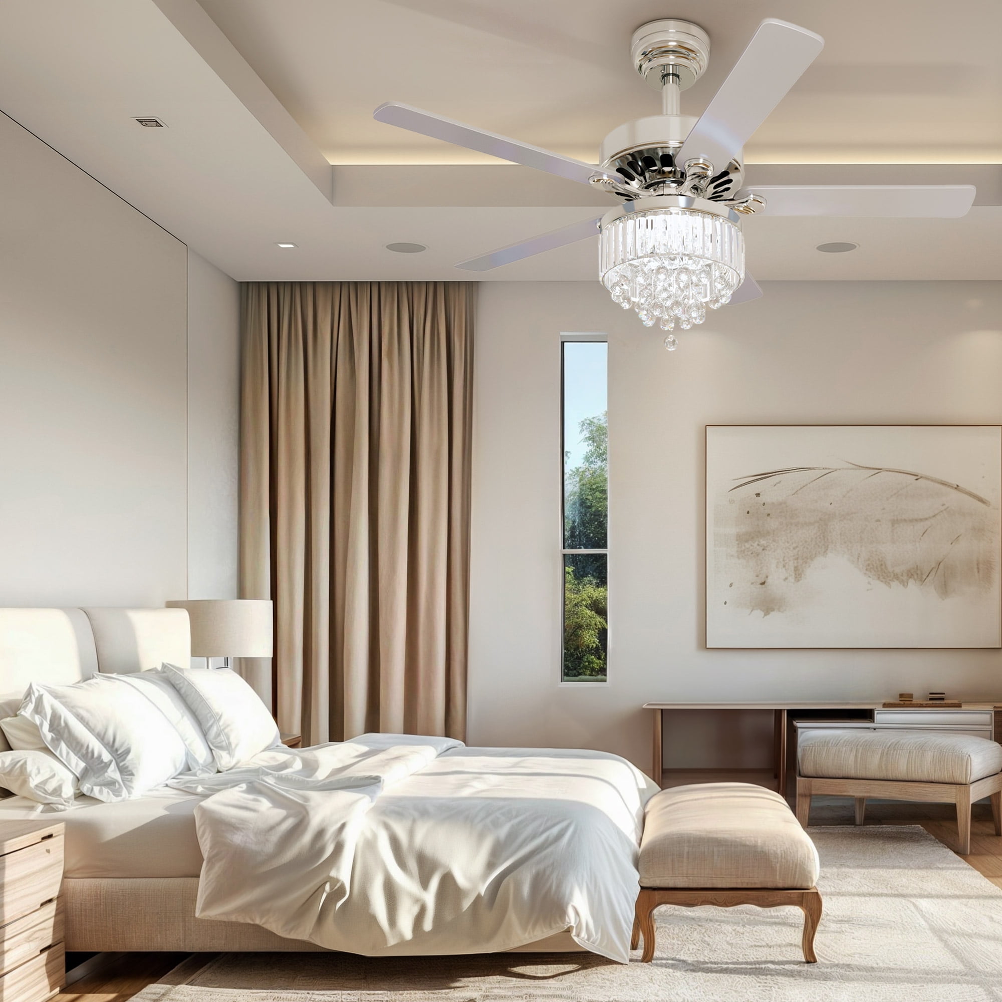 Uforic 52" Crystal Ceiling Fan with light and Remote Control,5 Blades Chandelier Ceiling Fan -Chrome
