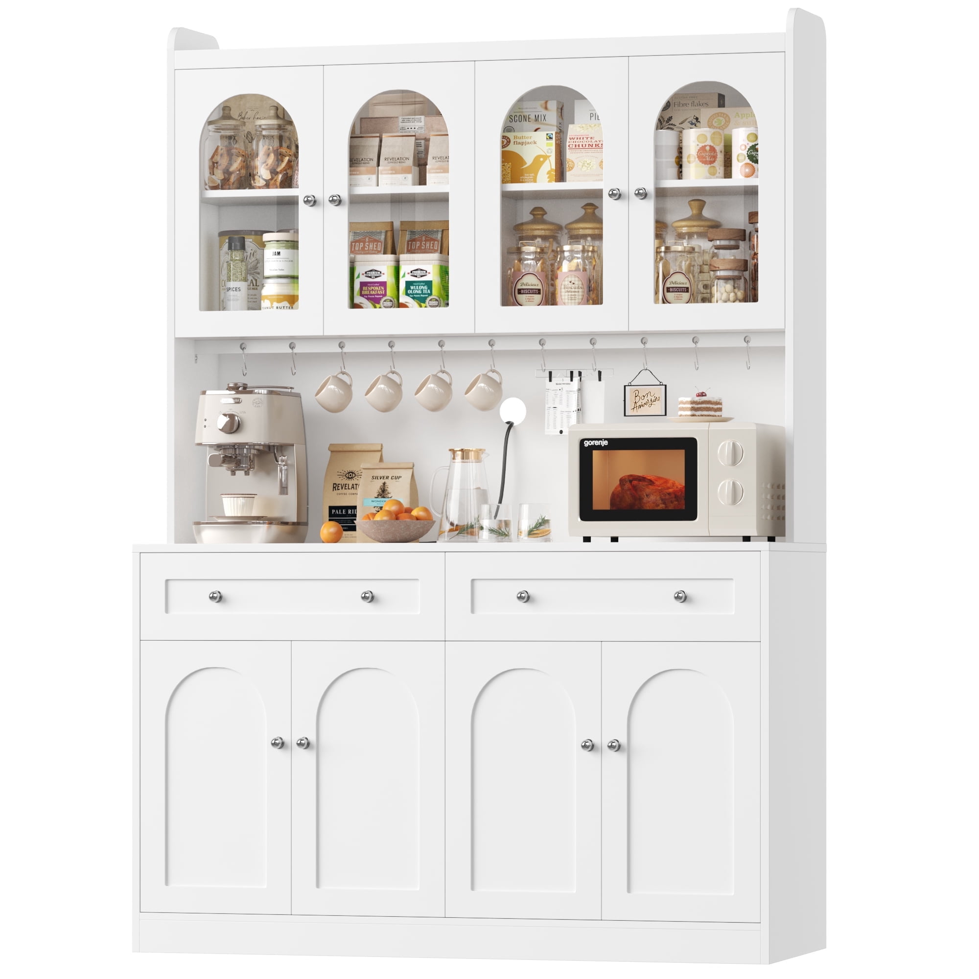Homfa 73" Kitchen Pantry with Glass Doors, Freestanding Kitchen Cupboard with 2 Drawers & Microwave Hutch, Wood Storage Cabinet for Dining Living Room, White