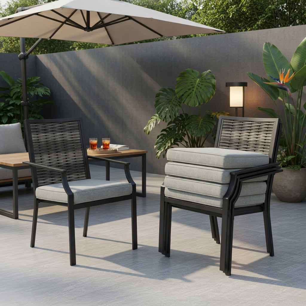 Hommoo 2-Pack Stackable Outdoor Wicker Armchairs with Removable Gray Cushions, PE Rattan Patio Chairs for Backyard, Balcony & Poolside, Gray