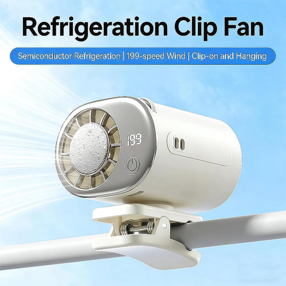 Car Clip on Air Conditioner Fan – USB rechargeable fan with powerful semiconductor cooling, lightweight and portable for cars, beaches, or umbrellas.