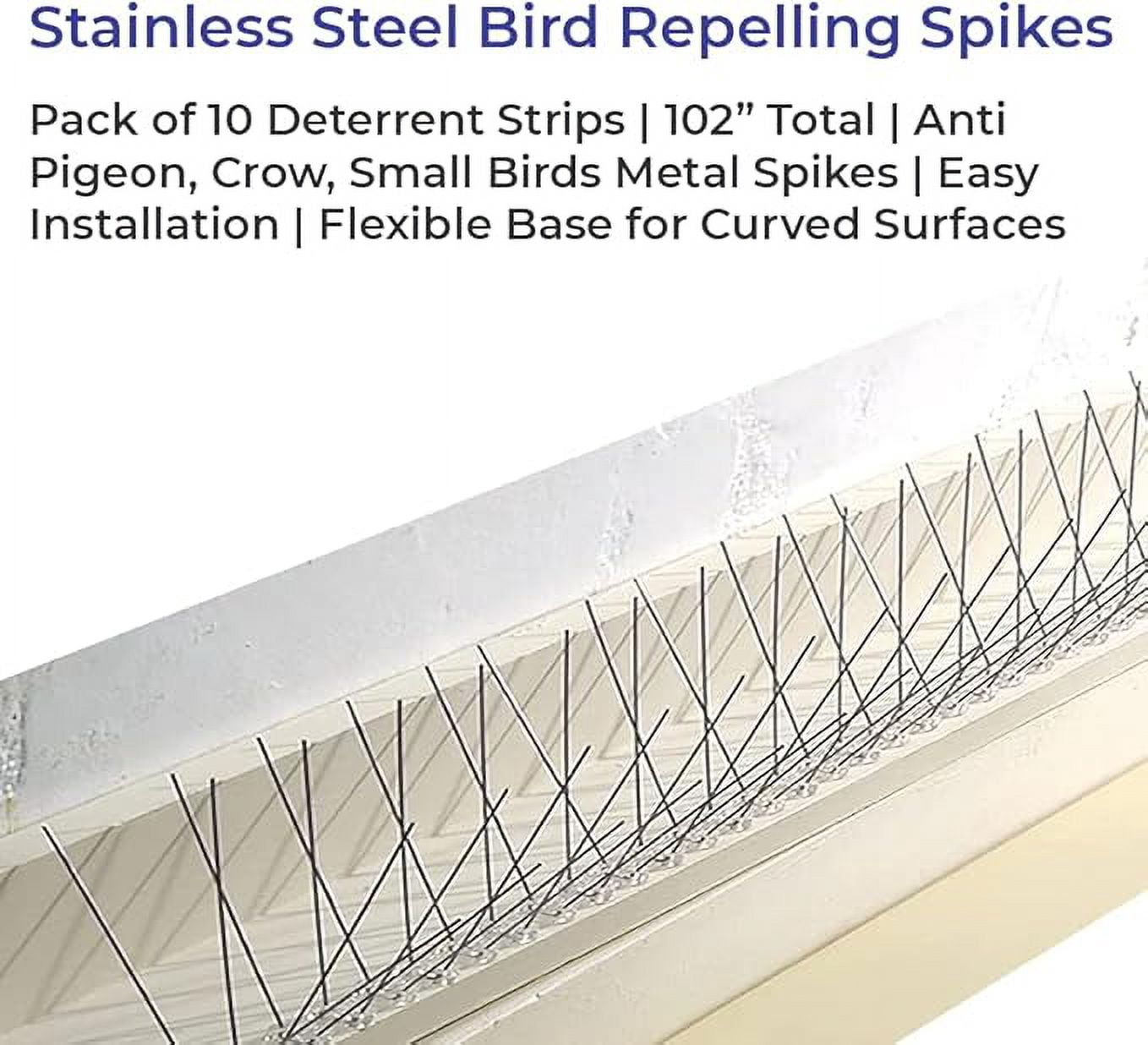 SAGEFINDS Stainless Steel Bird Repelling Spikes | Pack of 10 Deterrent Strips | 102” Total | Anti Pigeon, Crow, Small Birds Metal Spikes | Easy Installation | Flexible Base for Curved Surfaces