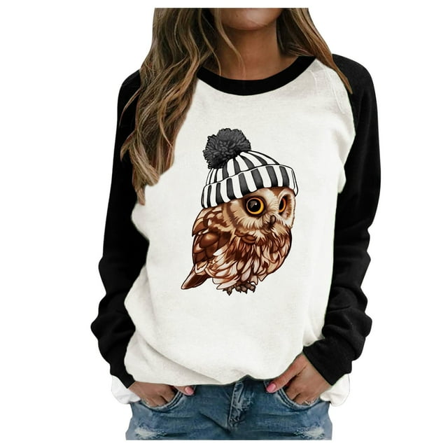 Black Sweater women Owl Print Stitching Contrast Color Top Sweater Long Sleeves