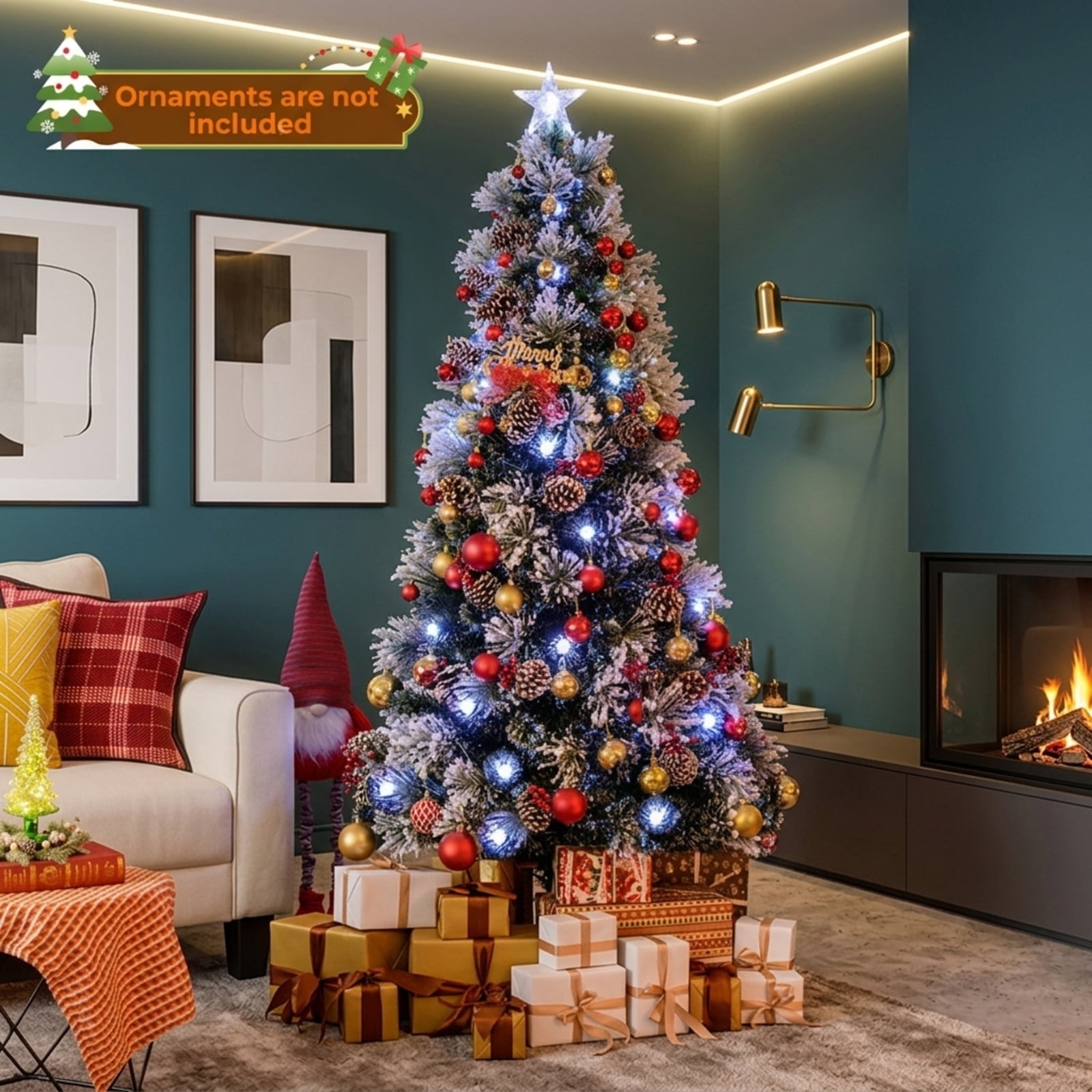 RUIE 7 ft Flocked Christmas Tree, Pre-Lit Green White Artificial Xmas Tree with 8 Lighting Modes, Pine Cones and Treetop Star Light