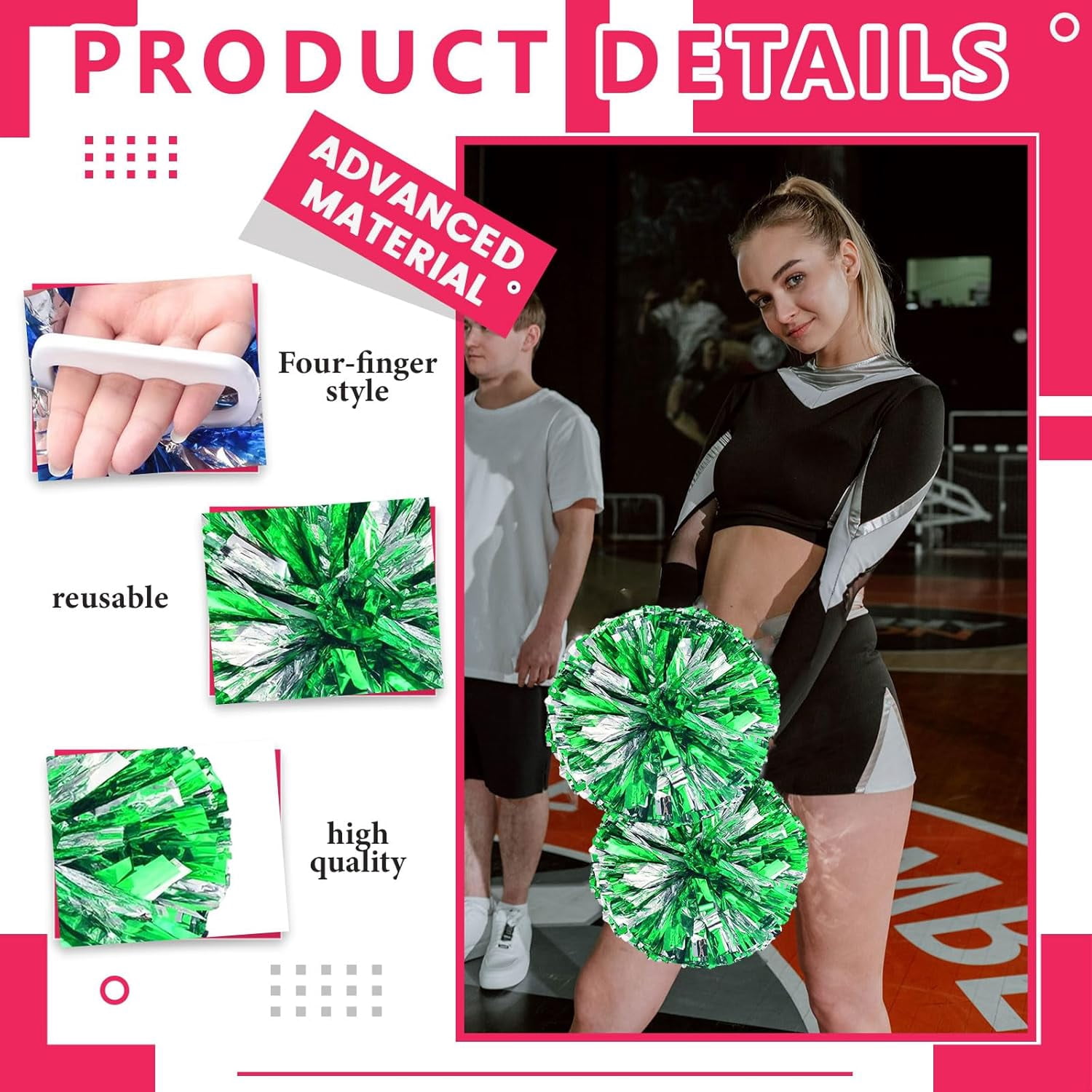 8 Pack pom poms Cheerleading,Cheerleading poms Sports Dance Cheer Plastic Pom Poms Cheerleading for Sports Team Spirit (Green+Silver)