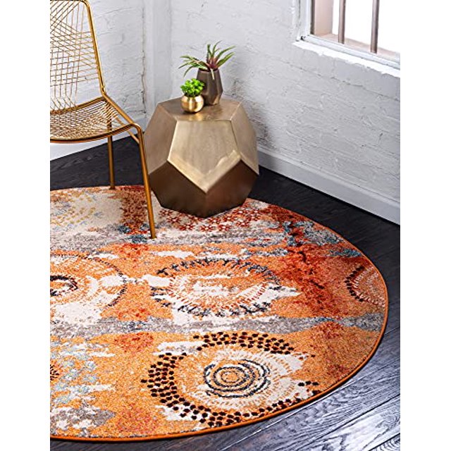 Unique Loom Estrella Collection Tapis Rond Moderne Abstrait, 8 Pieds, Orange/Beige