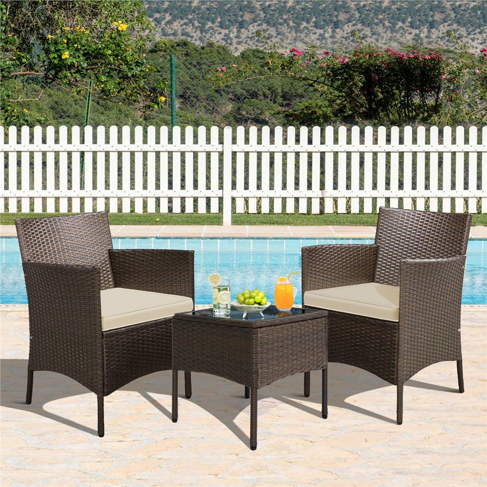 Yaheetech 3-Pieces Patio Wicker Chairs and Table Set for Garden Deck, Brown/Khaki