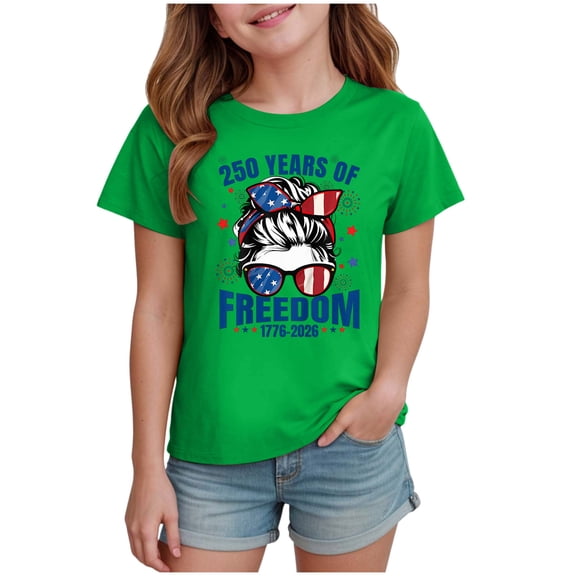 TOWED22 250Th Anniversary Girls Tops USA Flag Patriotic Tee Short Sleeve T-Shirts 4th of July Casual Shirts(Green,7-8 Y)