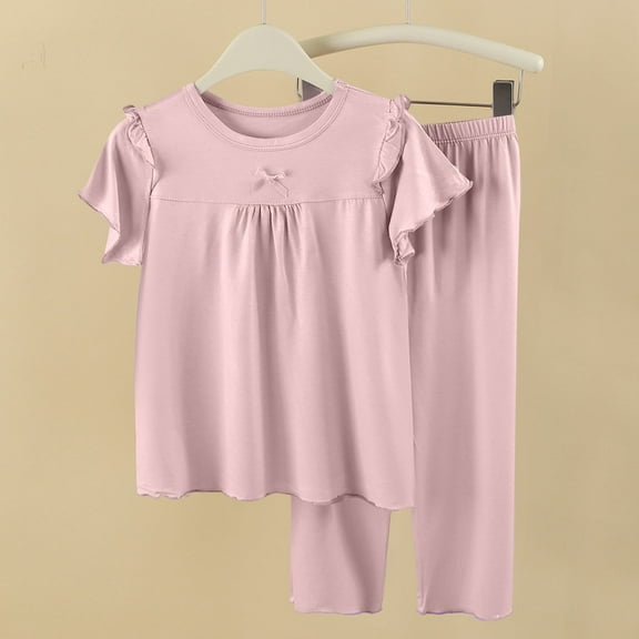 ATOGUTA Girls 2 Piece Set Short Sleeve Two Pieces Pjs Set Cute Sleepwear Loungewear for Kids Pink, Size 6M-16
