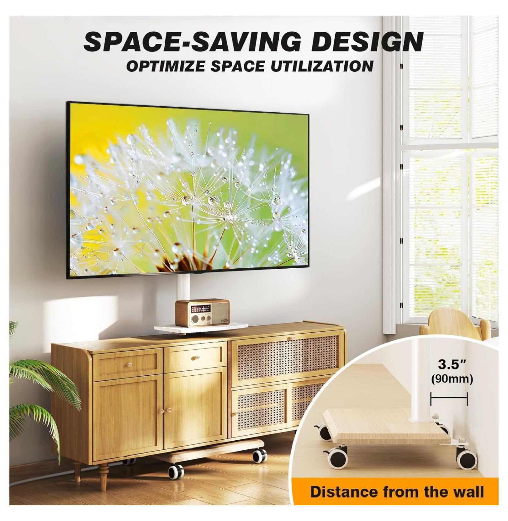 Rolling TV Stand with Power Outlet for 32-60 inch TVs, Swivel and Height Adjustable Mobile TV Stand with Shelf, Strong TV Cart on Wheels up to 88 lbs for Living Room, Bedroom and Office, White