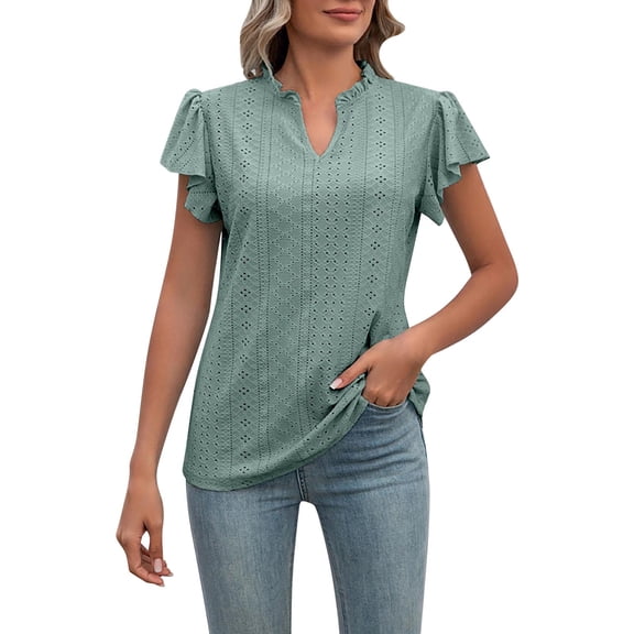 Baqcunre T Shirts For Women Womens Casual V Neck Solid Color Short Sleeve Tee Shirt With Ruffle Hem Tops Women'S Tops Graphic Tees For Women Green L