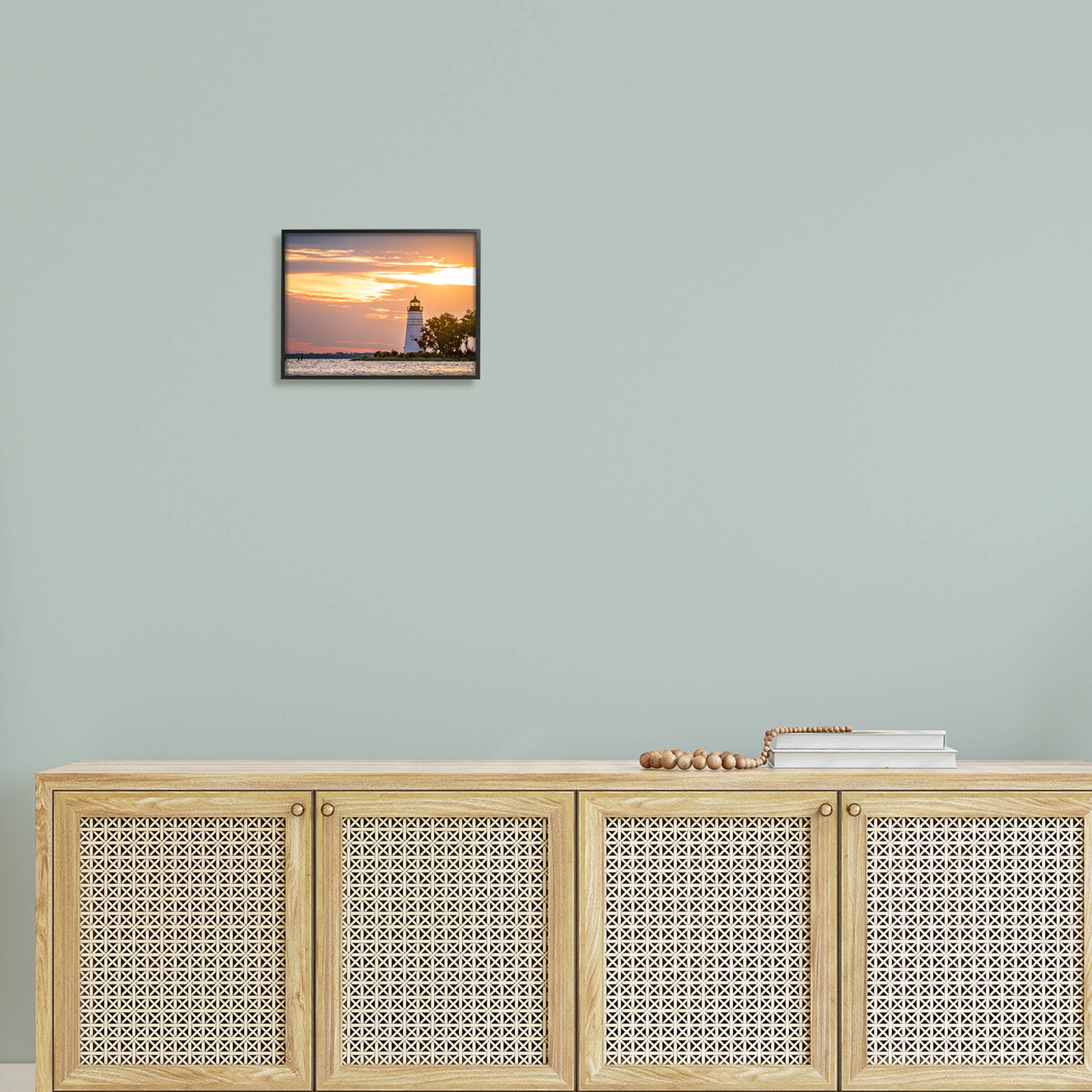 Nautical Lighthouse Sunset Horizon Coastal Photograph Black Framed Art Print Wall Art