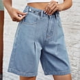 thumbnail image 3 of Pantalones cortos de mezclilla de talle alto hasta la rodilla for mujer pantalones cortos de cintura ajustable pantalones cortos de mezclilla largos Bermudas for niñas, 3 of 7
