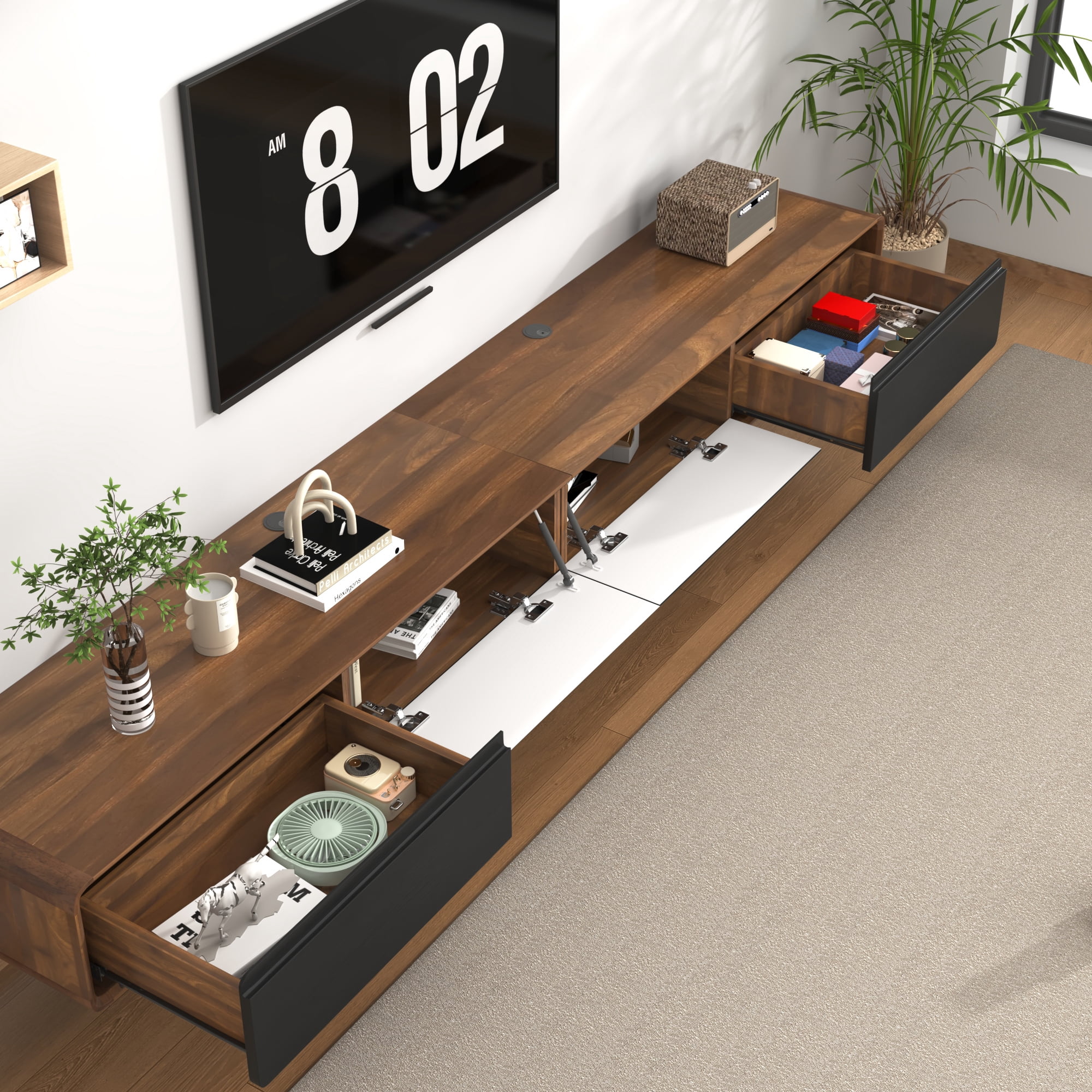 Blotout 94.5''Minimalist Floating TV Stand, Modern Wall-Mounted Media Console with 4 Drawers for Wall-mounted TV Up to 110'', Walnut & Black