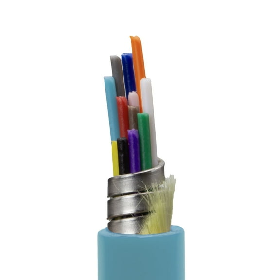 Armored Plenum 12 Strand Indoor Fiber Optic Distribution Cable, 10Gbit, OM3 50/125 Multimode, Corning Optical Fiber, Aqua, Spool, 500 foot