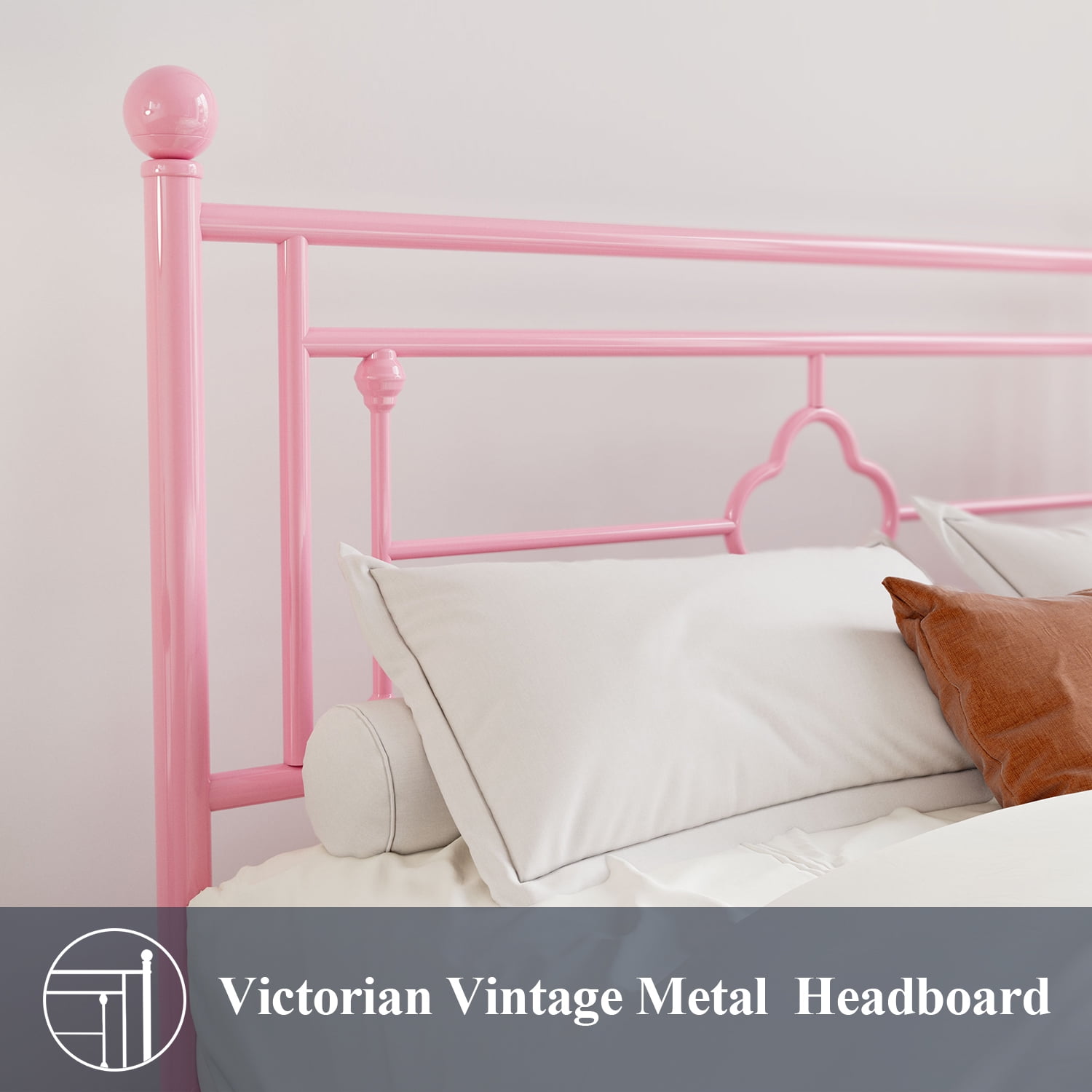 Allewie Twin Size Metal Platform Bed Frame with Victorian Vintage Headboard and Footboard, Pink