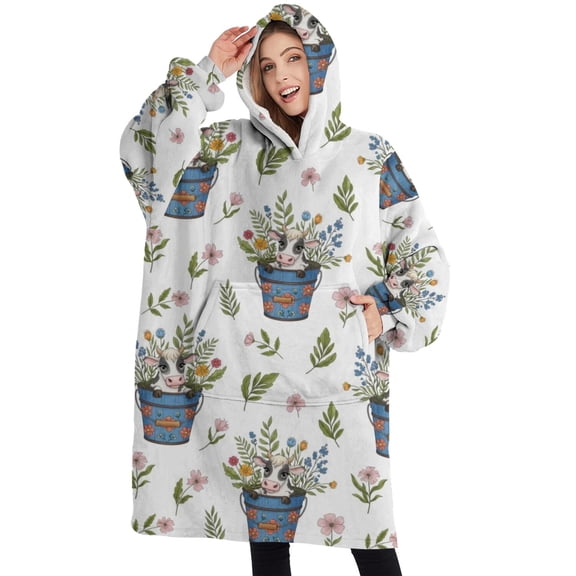 Oversized Wearable Blanket Hoodie,White Cow Flower Bucket Pattern Sherpa Blanket Hoodie with Super Pockets,Super Warm Fuzzy Pullover for Women & Men