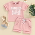 thumbnail image 4 of WIBACKER Toddler Baby Boy Summer Outfit Infant Girl Clothes Auntie's Little Bestie Short Sleeve T-Shirt Casual Rolled Shorts Set, 4 of 8