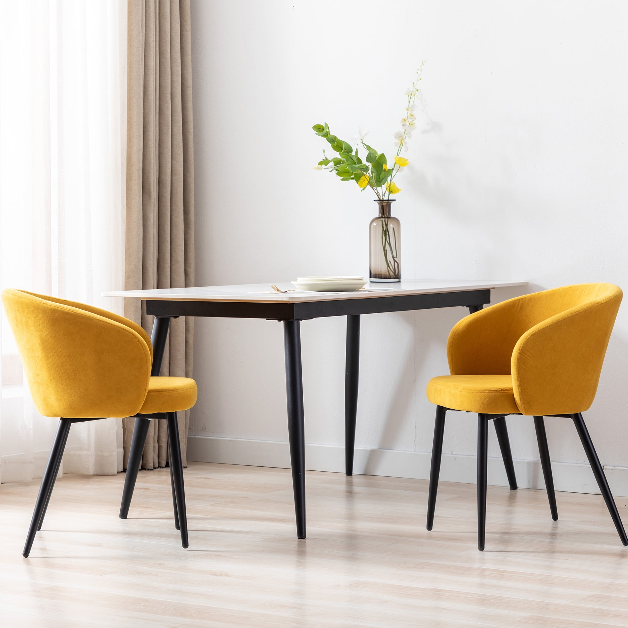 Private Jungle Set of 2 Dining Chairs,Modern style Upholstered fabric Chairs Leisure Side Chairs with Metal Legs,Yellow Private Jungle Set of 2 Dining Chairs,Modern style Upholstered fabric Chairs Leisure Side Chairs with Metal Legs,Yellow