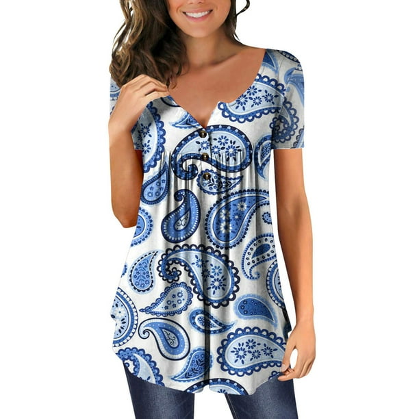 Gibobby Playera de Manga Corta con Cuello Redondo Camiseta plisada con estampado flores y cuello botones manga corta para mujer, camiseta informal con ajuste floral,(Azul,G)