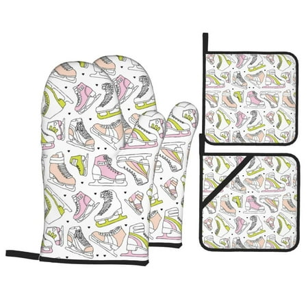 

Oven Mitts and Pot Holders 4 pcs Set Pink skates Heat Resistant Pot Holders Oven Mitts for kitchen Non-Slip Hanging Loop Oven Glove Potholders for Baking Cooking