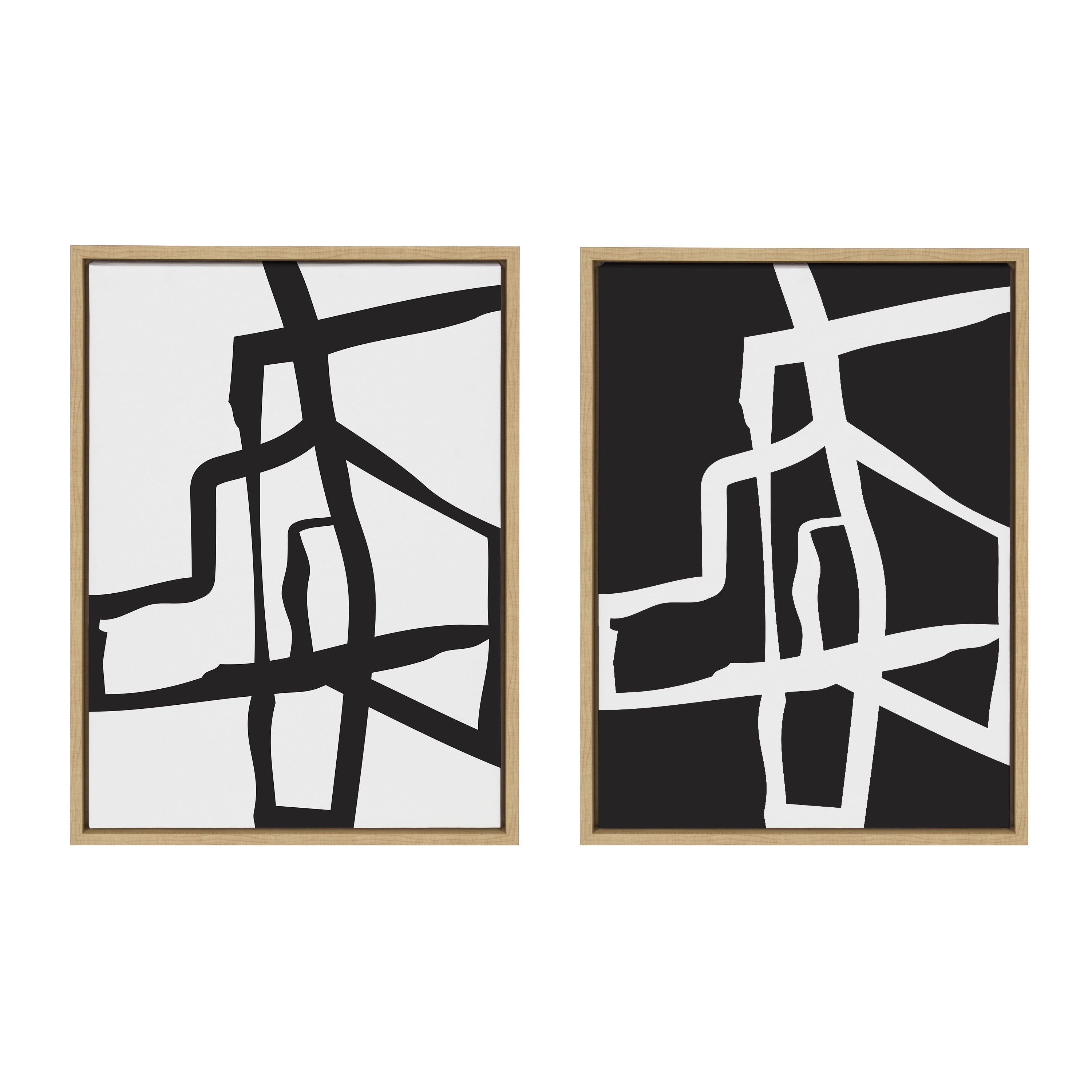 Kate and Laurel Sylvie Bold Sophisticated Abstract Black and White Stroke Framed Canvas Wall Art Set by The Creative Bunch Studio, 2 piece 18x24 Natural, Modern Striking Brushstroke Art Set for Wall